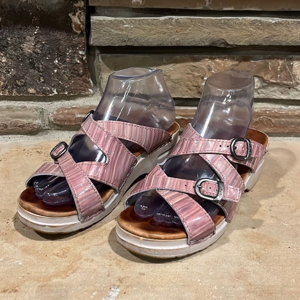 Dansko Strappy Patent Leather Purple Wedge Sandal